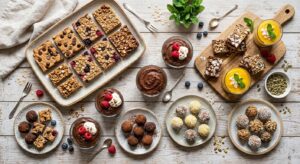 Platter of no-bake gluten free creamy mousse bars and oat energy balls