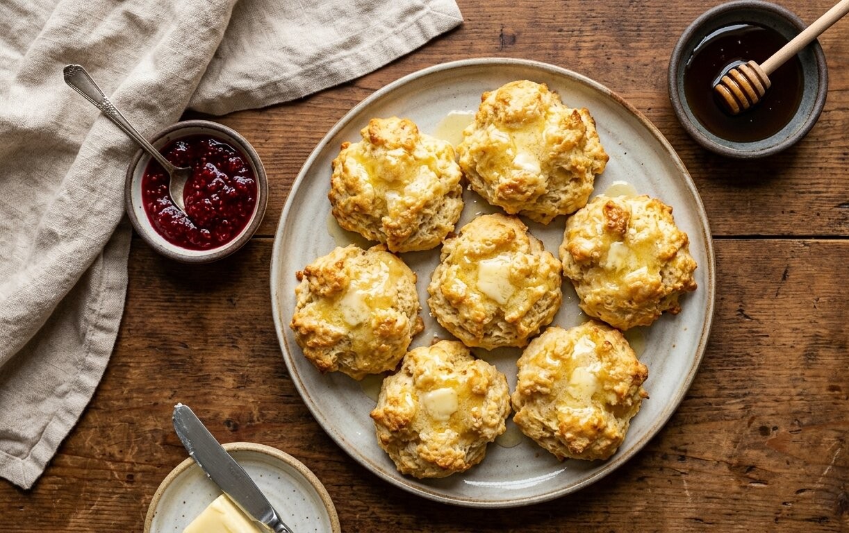 buttery drop biscuits with melted butter overhead flat lay recipe card