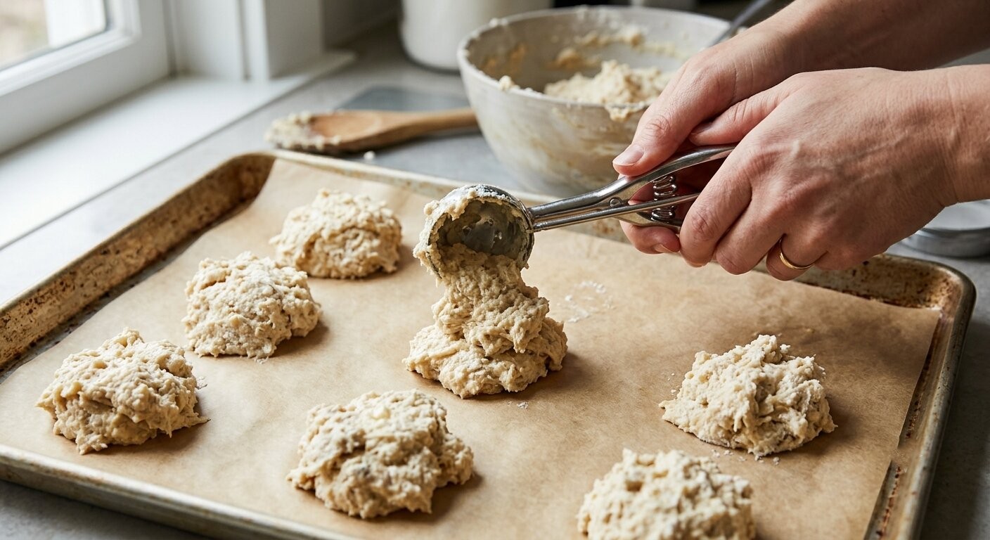 scooping drop biscuit dough onto baking sheet no rolling pin needed